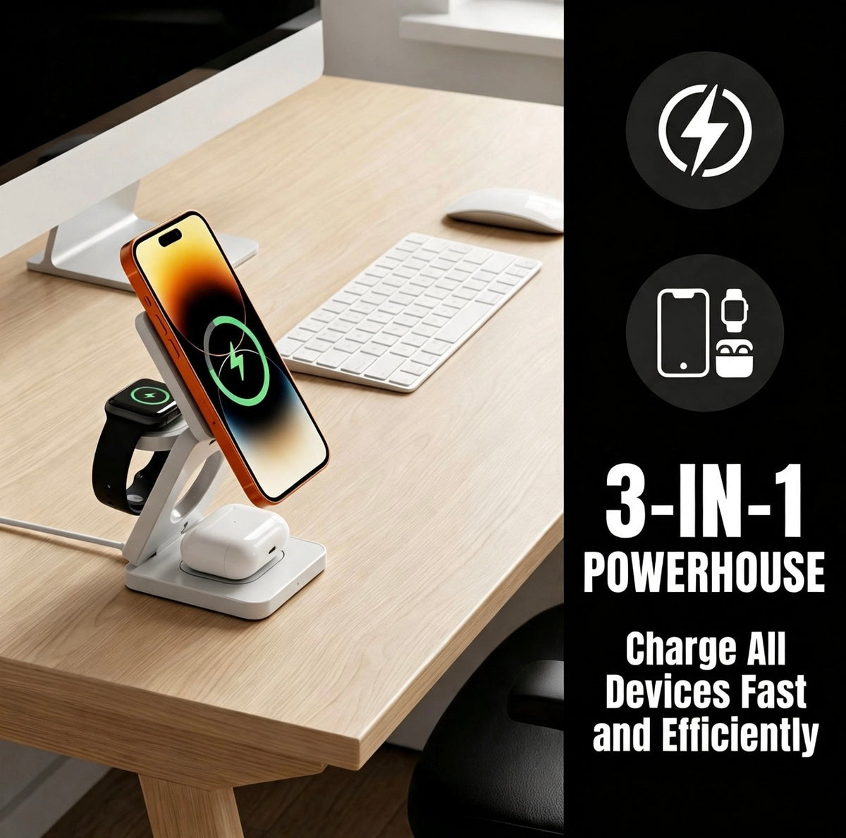Foldable 3-in-1 Wireless Charging Stand for iPhone, Apple Watch & AirPods