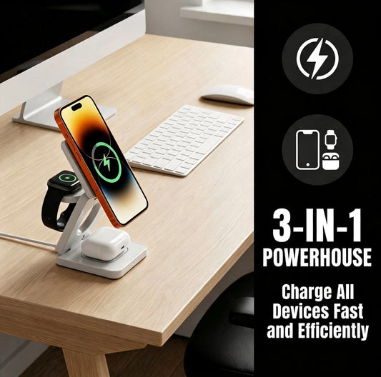 Foldable 3-in-1 Wireless Charging Stand for iPhone, Apple Watch & AirPods